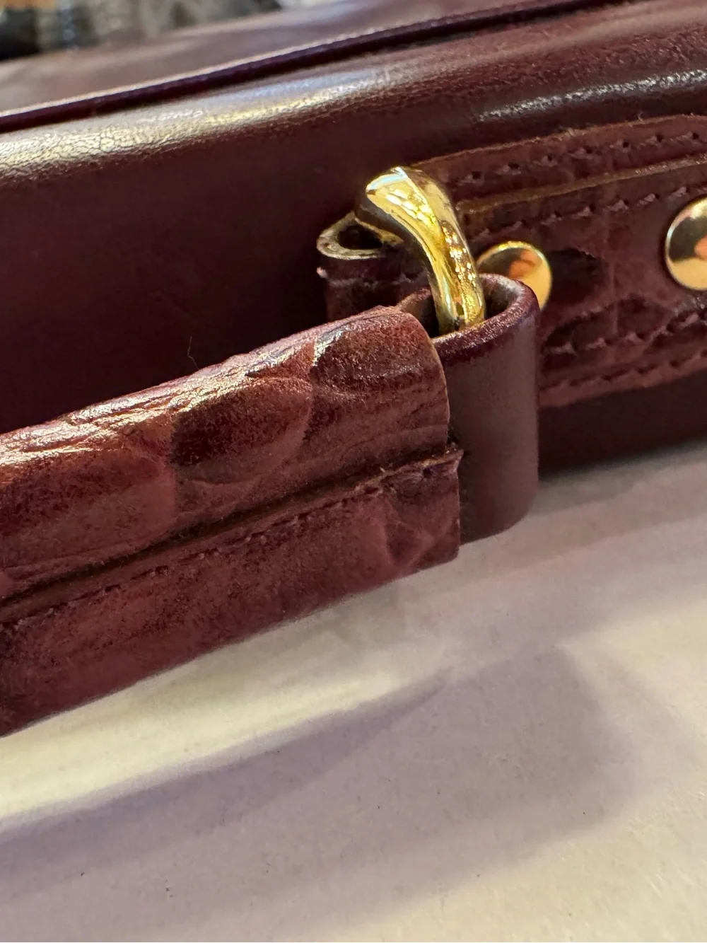 Vintage Belle Rose Burgundy Leather Briefcase Satchel Bag Croc Embossed Trim 80s